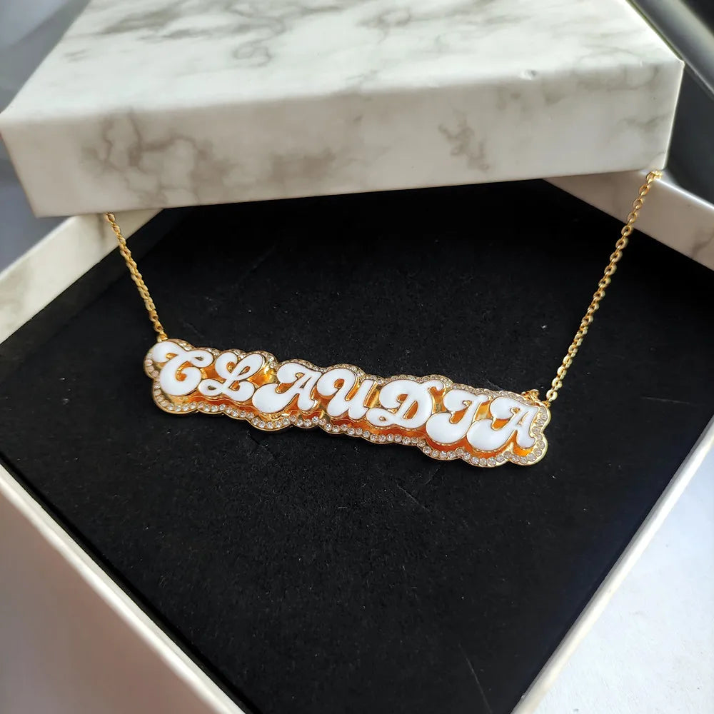 Custom 3D Enamel Name Necklace With Rhinestones