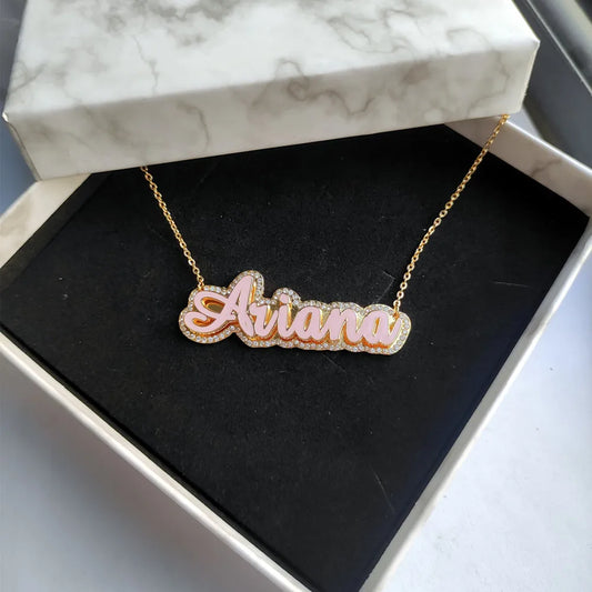 Custom 3D Enamel Name Necklace With Rhinestones