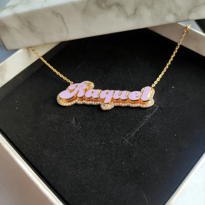 Custom 3D Enamel Name Necklace With Rhinestones