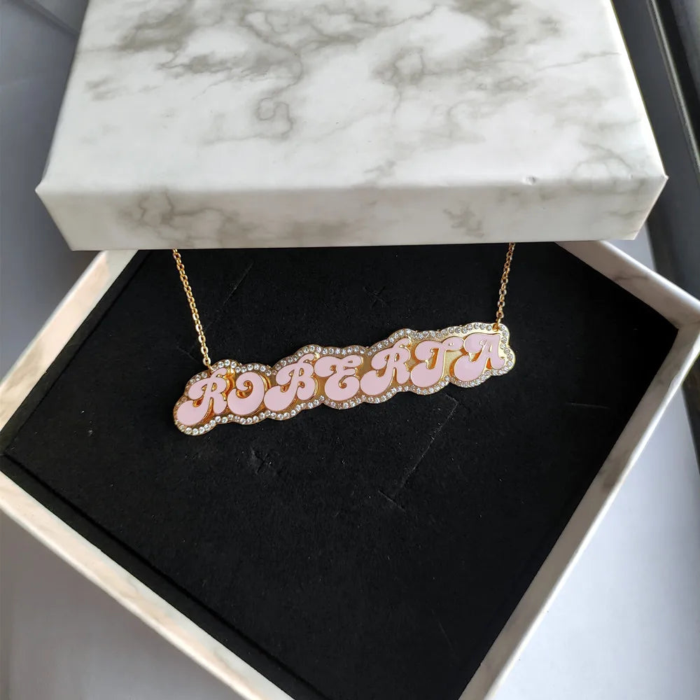Custom 3D Enamel Name Necklace With Rhinestones