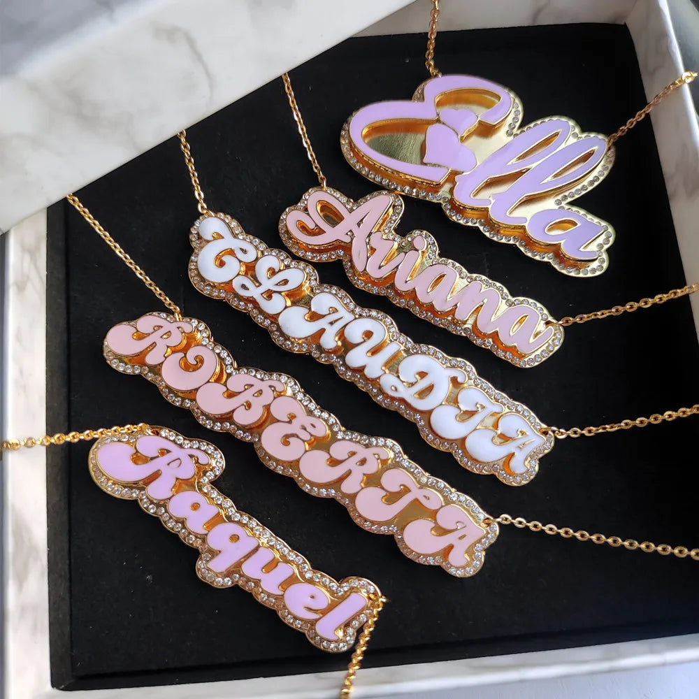 Custom 3D Enamel Name Necklace With Rhinestones
